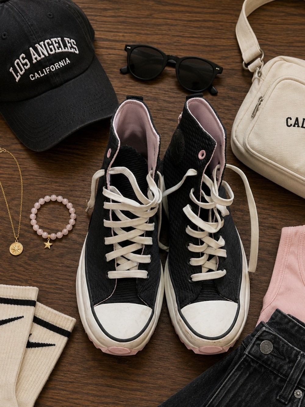Converse Run Star Hike Black Pink High Top Platform Sneakers
